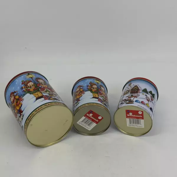 Lot of 3 Holiday Decor Round Kitchen Canister Santa's Workbench Carolers Motif