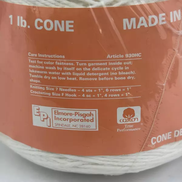 Peaches & Cream Yarn 1 lb 453g Cone White 100% Cotton Made in USA 4Ply