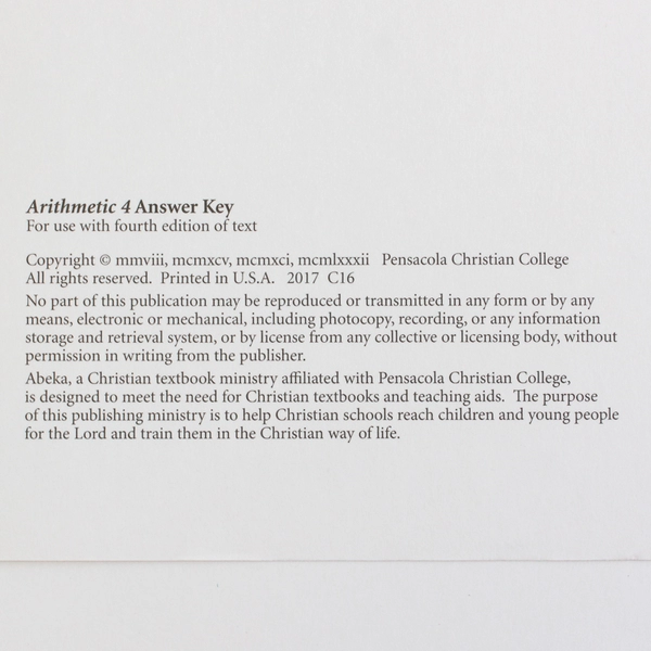 Abeka Arithmetic Grade 4 Work-text Answer Key 4th Edition 2017 Spiral Bound PB