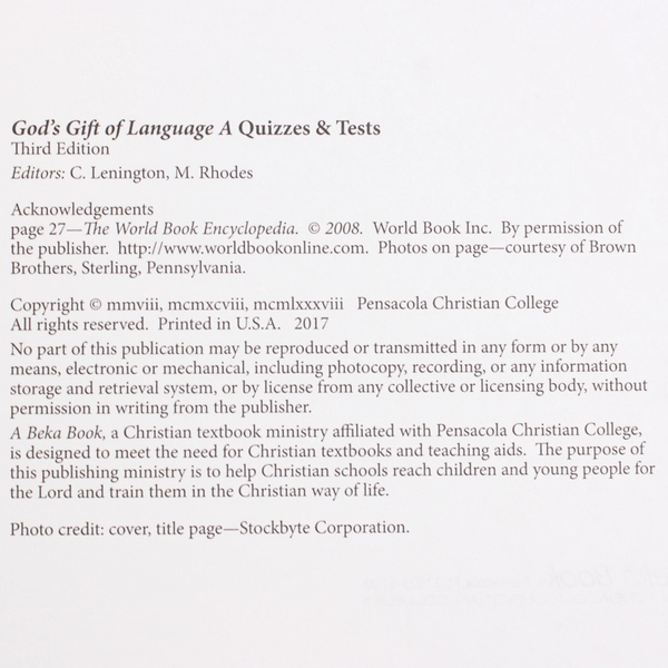 God's Gift of Language A Grade 4 Language Series Teacher Quiz/Test Key 2017 PB