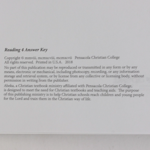 Abeka Reading 4th Grade Answer Key For Story Questions Teacher's Key 2018 PB