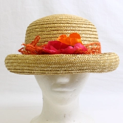 Women's Rolled Brim Straw Hat with Decorative Faux Flowers