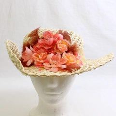 Women's Beige Straw Hat Pink Feather and Flower Accents One Size