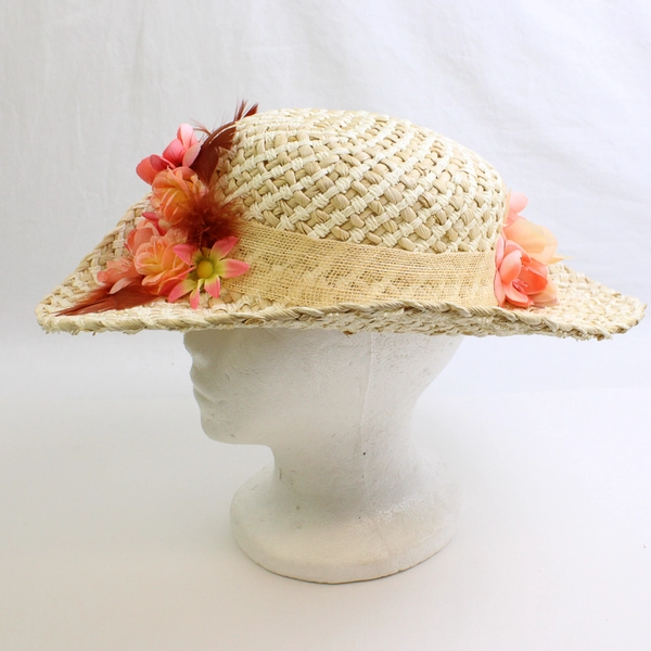 Women's Beige Straw Hat Pink Feather and Flower Accents One Size