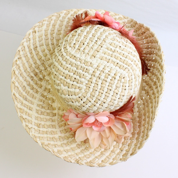 Women's Beige Straw Hat Pink Feather and Flower Accents One Size