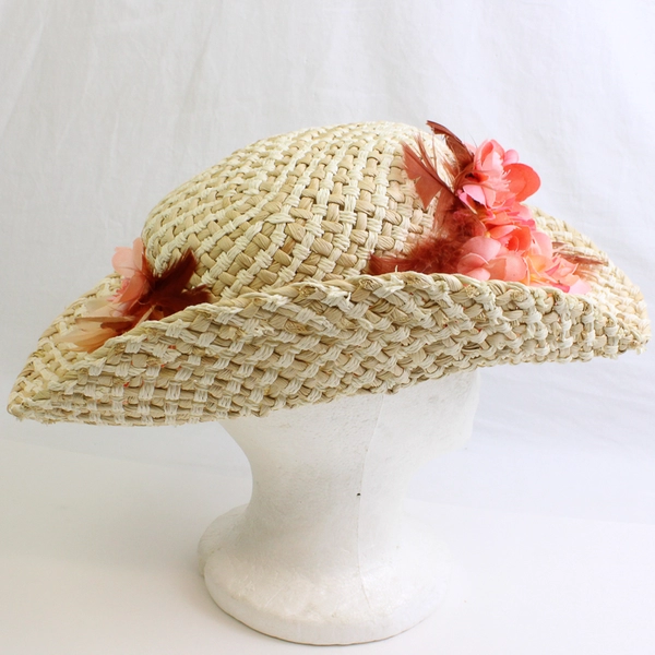 Women's Beige Straw Hat Pink Feather and Flower Accents One Size