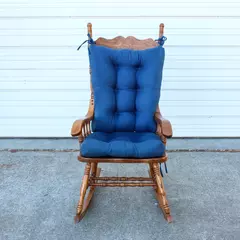 Solid Wood Carved Rocking Chair with Dark Blue Cushioned Support Pads