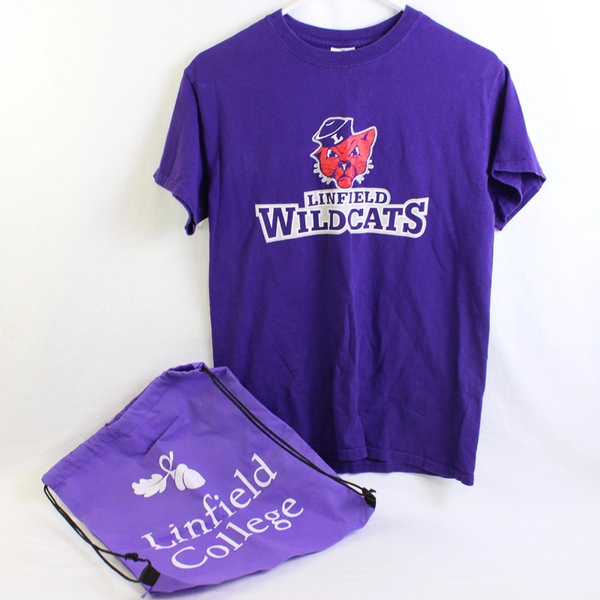 2 Pc Lot Linfield College Swag Adult Small T-Shirt and Drawstring Bag