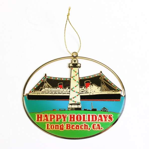 Queen Mary Long Beach CA Ornament Oval Brass Metal Cutout Enamel Happy Holidays