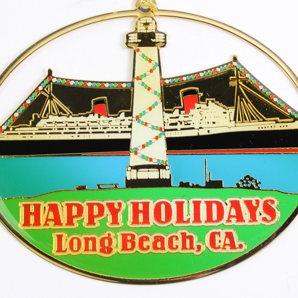 Queen Mary Long Beach CA Ornament Oval Brass Metal Cutout Enamel Happy Holidays