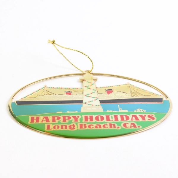 Queen Mary Long Beach CA Ornament Oval Brass Metal Cutout Enamel Happy Holidays
