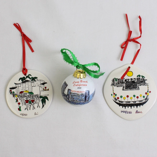 Mixed Lot of 3 Christmas Ornaments Long Beach CA Rainbow Harbor & Pier by Rene
