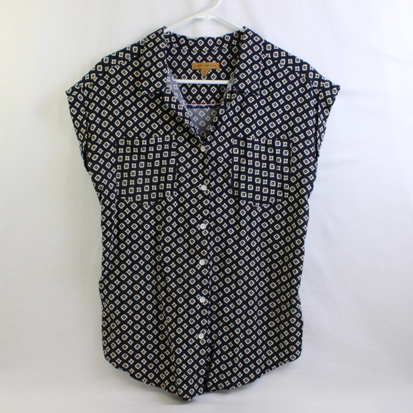 Jachs Girlfriend Navy Blue and Off-White Cap-Sleeve Blouse Women's Small