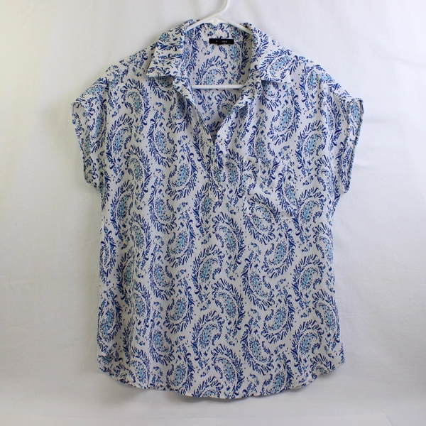 Pleione Blue and White Cap-Sleeve Blouse Women's Size Small