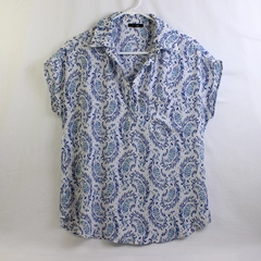 Pleione Blue and White Cap-Sleeve Blouse Women's Size Small