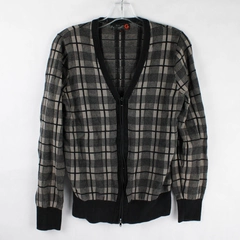 G by Guess Black and Taupe Plaid Knit Zip-Up Cardigan Women's Small