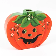 VTG 1986 Hand-Painted Wooden Jack-O-Lantern Halloween Taper Candle Holder