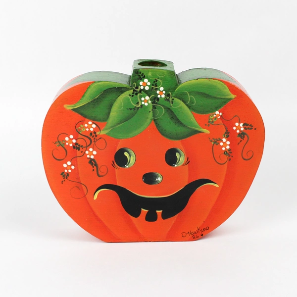 VTG 1986 Hand-Painted Wooden Jack-O-Lantern Halloween Taper Candle Holder