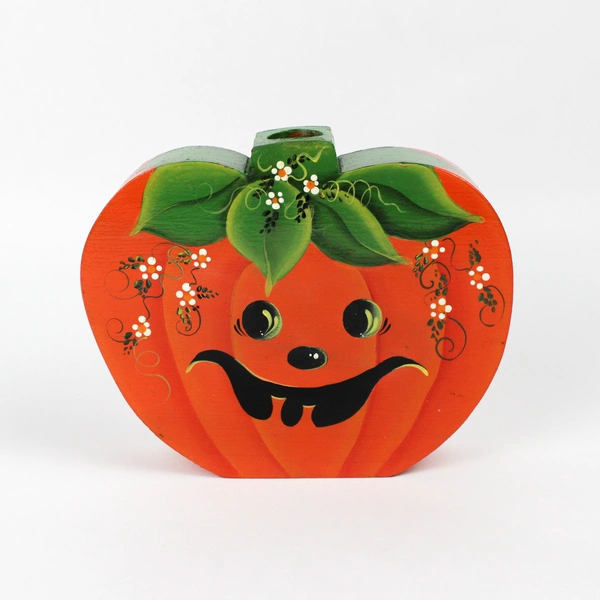 VTG 1986 Hand-Painted Wooden Jack-O-Lantern Halloween Taper Candle Holder