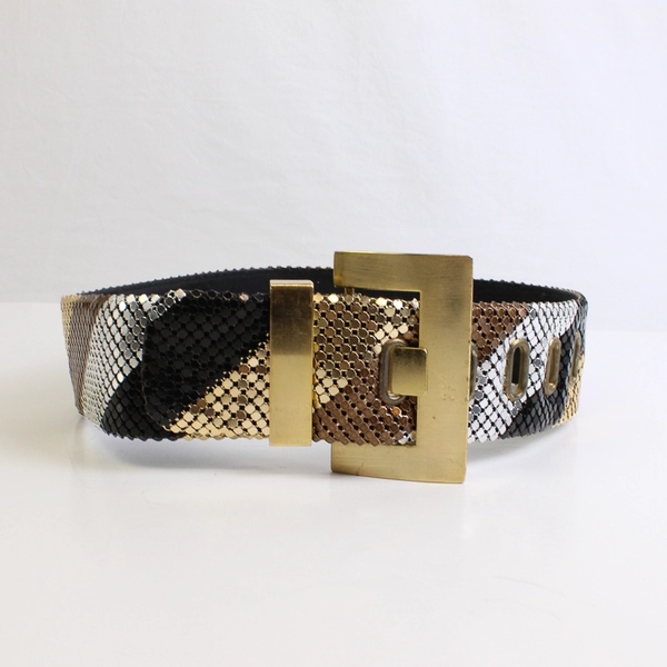 Vintage COMECO Belt Women Size S/M Gold & Silver Metal Art 9130 Mesh Designer