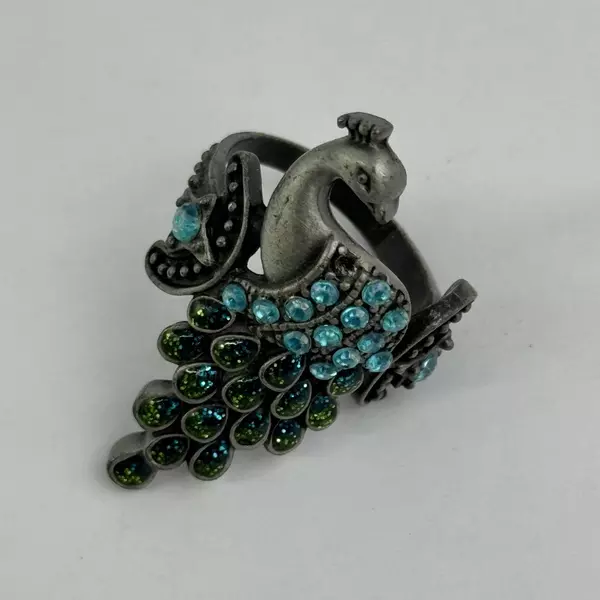 Vintage Pewter Peacock Enamel And Rhinestone Ring Size 7.75