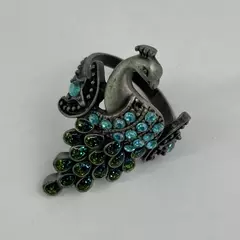 Vintage Pewter Peacock Enamel And Rhinestone Ring Size 7.75
