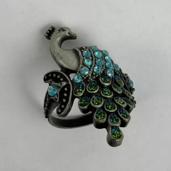 Vintage Pewter Peacock Enamel And Rhinestone Ring Size 7.75