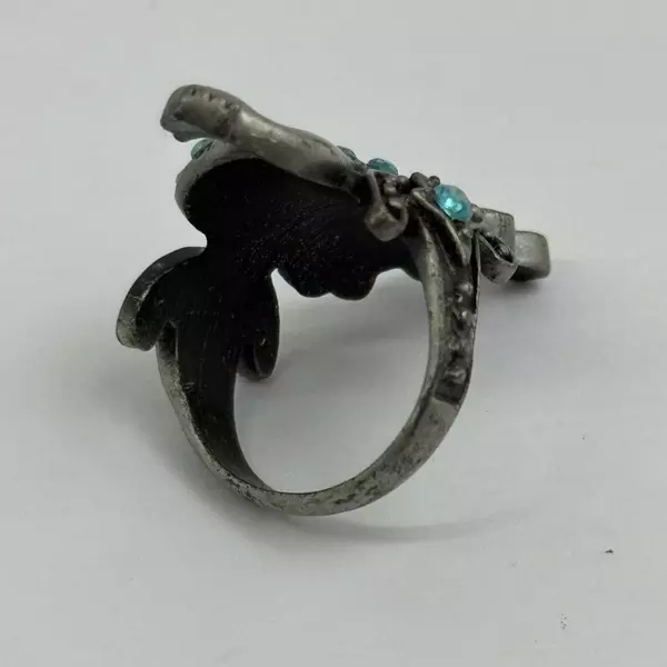 Vintage Pewter Peacock Enamel And Rhinestone Ring Size 7.75
