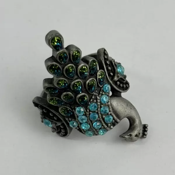 Vintage Pewter Peacock Enamel And Rhinestone Ring Size 7.75