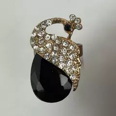 Vintage Gold Tone Onyx And Rhinestone Peacock Ring Adjustable Size 6.5