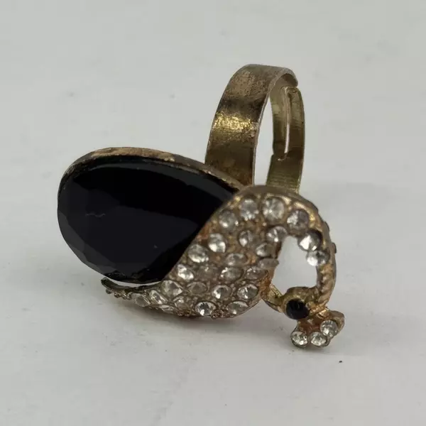 Vintage Gold Tone Onyx And Rhinestone Peacock Ring Adjustable Size 6.5