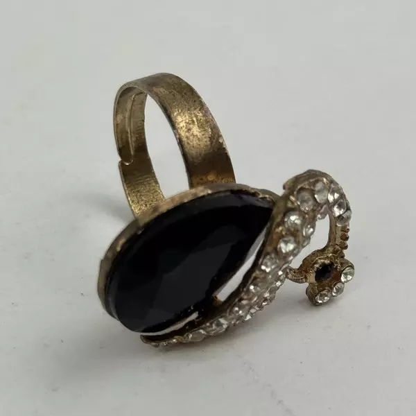 Vintage Gold Tone Onyx And Rhinestone Peacock Ring Adjustable Size 6.5