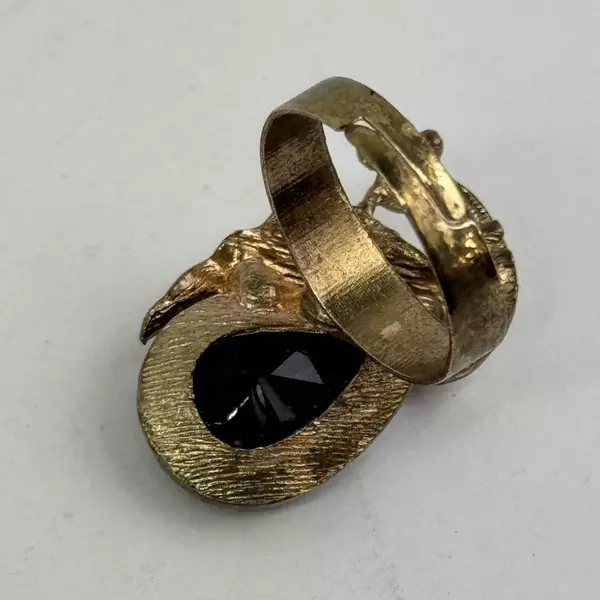 Vintage Gold Tone Onyx And Rhinestone Peacock Ring Adjustable Size 6.5
