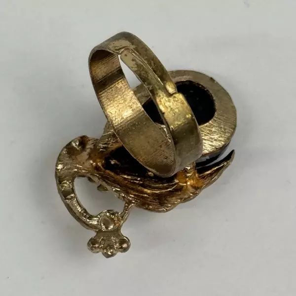 Vintage Gold Tone Onyx And Rhinestone Peacock Ring Adjustable Size 6.5