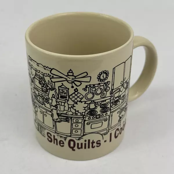 Novelty Couples Mug She Quilts I Cook Kitchen 2003 Block Party Studios