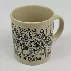Novelty Couples Mug She Quilts I Cook Kitchen 2003 Block Party Studios