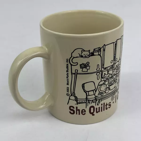 Novelty Couples Mug She Quilts I Cook Kitchen 2003 Block Party Studios