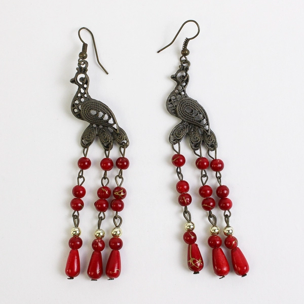 Metal Peacock/Bird of Paradise Dangle Earrings with Red Beads