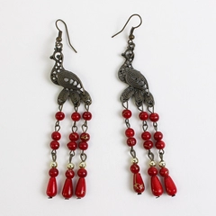 Metal Peacock/Bird of Paradise Dangle Earrings with Red Beads