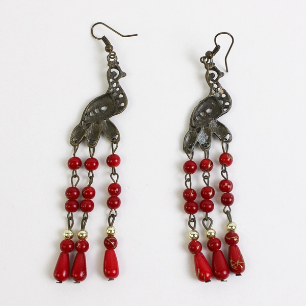 Metal Peacock/Bird of Paradise Dangle Earrings with Red Beads