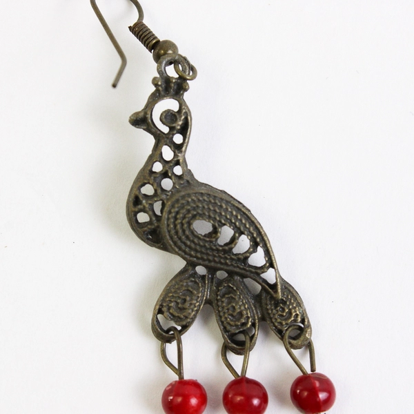 Metal Peacock/Bird of Paradise Dangle Earrings with Red Beads