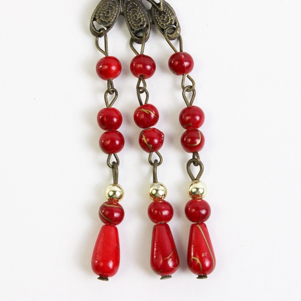 Metal Peacock/Bird of Paradise Dangle Earrings with Red Beads