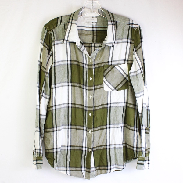 Lucky Brand Green and White Classic Fit Plaid Button-Up Women's Medium