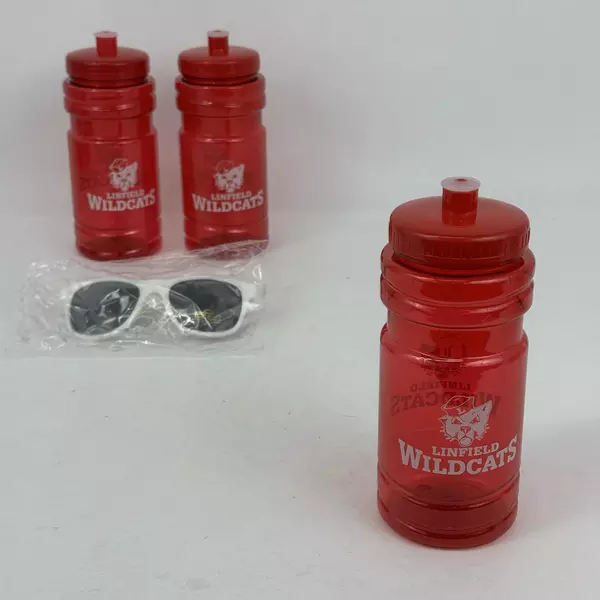 Linfield College Wildcats Lot of 3 Water Bottles & Pair of Sunglasses Red White