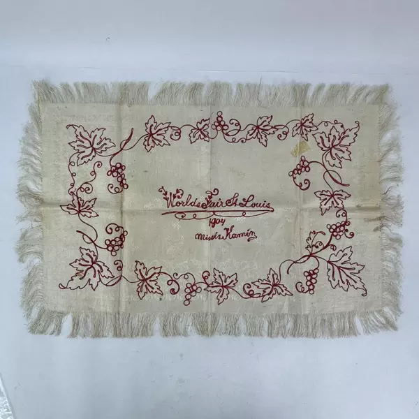 Embroidered Beige Silk Piece W/ Fringe Red Grape Pattern 1904 World's Fair