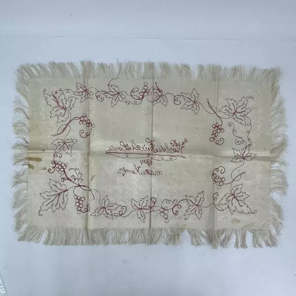 Embroidered Beige Silk Piece W/ Fringe Red Grape Pattern 1904 World's Fair