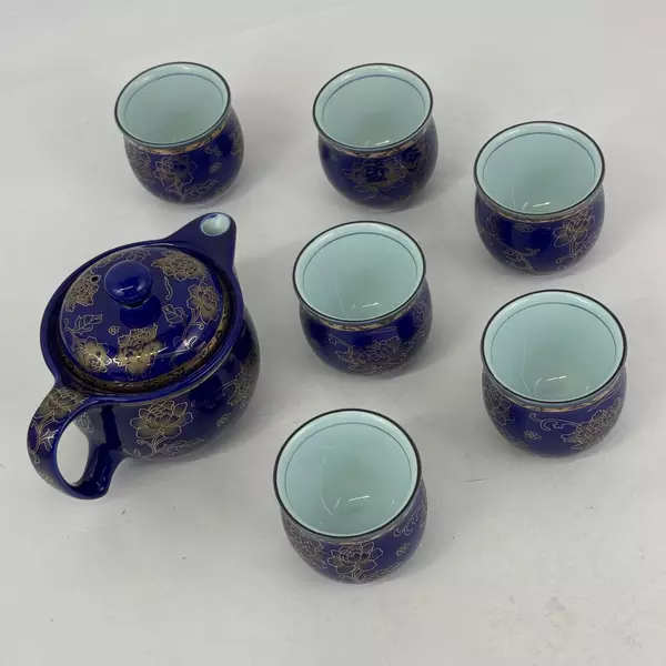 8-Piece Cobalt Blue With Gold Floral Pattern Teapot and Cup Set From Taiwan