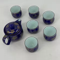 8-Piece Cobalt Blue With Gold Floral Pattern Teapot and Cup Set From Taiwan