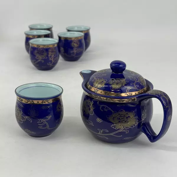 8-Piece Cobalt Blue With Gold Floral Pattern Teapot and Cup Set From Taiwan