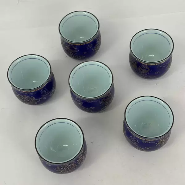 8-Piece Cobalt Blue With Gold Floral Pattern Teapot and Cup Set From Taiwan